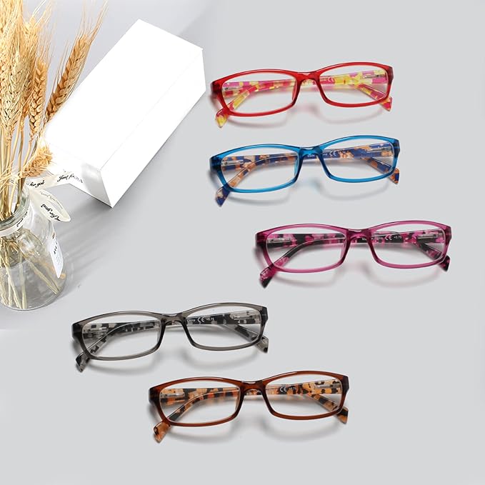Kerecsen Reading Glasses 5 Pairs Fashion Ladies Readers Spring Hinge with Pattern Print Eyeglasses for Women (Multicolor -8, 6.0)