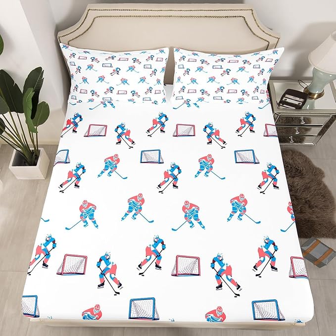 Manfei Hockey Players Bed Sheets Queen Size, Bedding Set, Winter Sports Games Boys Girls Room Decor,White Blue Sheet(Fitted+Flat+2 Pillowcases)