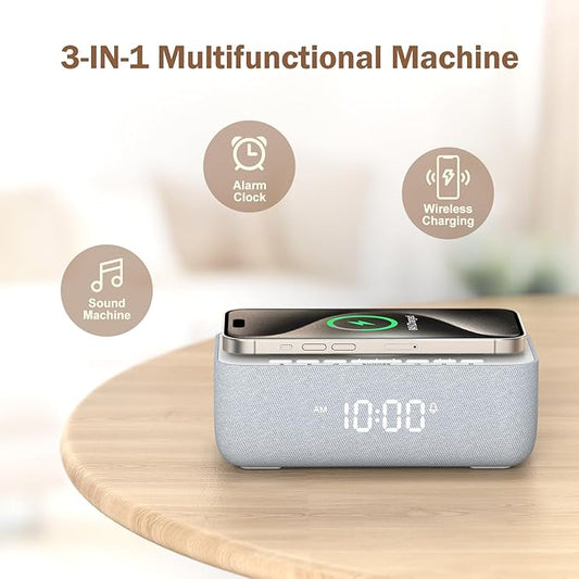 REACHER 15W Fast Wireless Charging Alarm Clock with White Noise Machine │ 20 High-Fidelity Sleep Sounds │ Gradual Wake & Unlimited Snooze │ 0–100% Dimmable Digital Clock for Bedroom & Office