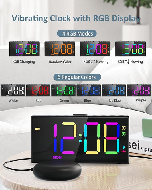 Roxicosly RGB Display Vibrating Alarm Clock with Bed Shaker for Heavy Sleepers Adults, 7-Level Dimmer, Dual Alarms with Weekday & Weekend Mode, Large Digits, Snooze, USB Charger, Battery Backup
