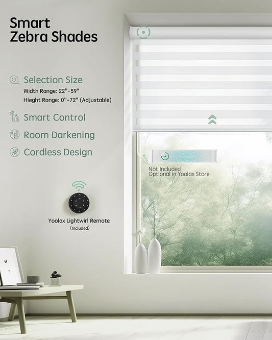 Yoolax Motorized Blinds with Remote, Electric Zebra Blinds for Indoor Windows, Room Darkening Smart Shades with Voice Control, Compatible with Alexa Google Home, APP Control, 36" W x 72" H, White
