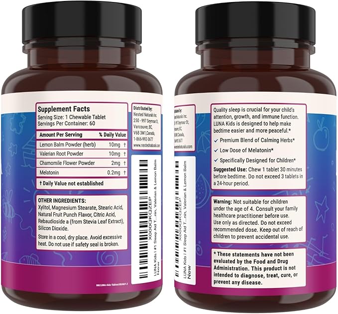 Nested Naturals Luna Kids Sleep Aid Tablets for Children 4+ - Naturally Sourced Ingredients - Gentle, Herbal Sleep Supplement with Chamomile, Melatonin, Valerian & Lemon Balm - 60 Chewable Tablets
