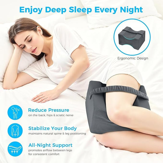 Knee Pillow for Side Sleepers, Memory Foam Leg Pillow with Strap for Side Sleeping, Supportive Elevation Pillow Between Legs for Knee, Ankle Sciatica, Pregnancy, Joint Pain (Gray/Regular)