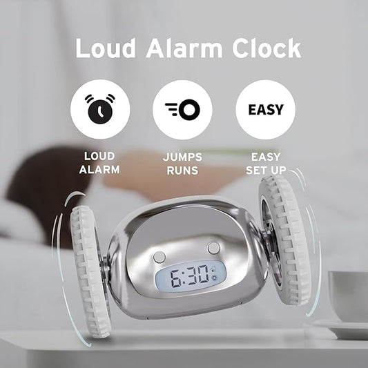 CLOCKY Extra Super Loud Alarm Clock for Heavy Sleepers Adults Kids Teens Bedroom, Move Jump Roll Run Away Easy to Set Smart Digital Mirror Alarm Clock on Wheels -Funny Gag Gift (Chrome)