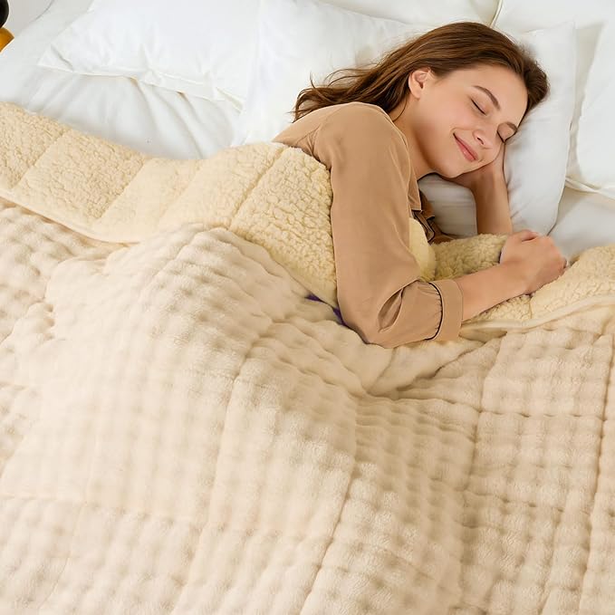 Cottonblue Weighted Blanket 15lbs Bubble Fleece Plush Sherpa Heavy Weighted Blankets for Adults, Fits Twin/Full Size Bed, Cute Fuzzy Warm Heavy Blanket for Calm and Better Sleep, 48"x72", Beige