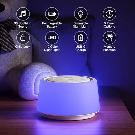White Noise Sound Machine | Sound Machine for Baby Rechargeable | 30 Soothing Sounds | 10 Colors Night Light | White Noise Machine for Sleep Baby Adults Portable Sound Machine for Home Travel