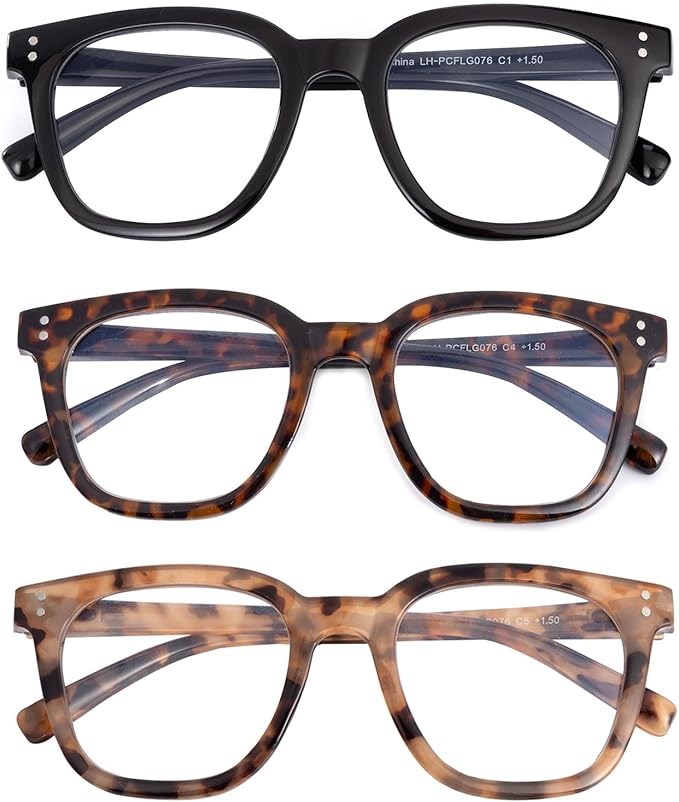 3 Pack Reading Glasses for Women Men, Square Blue Light Blocking Reading Glasses with Spring Hinge Anti Eyestrain Eyeglasses, Computer Readers with Glasses Chain, +3.0
