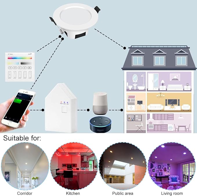 FVTLED Smart Recessed Ceiling Light 4 Inch Kit - 9W RGBWC Color Changing Bluetooth WiFi Recessed Downlights, Dimmable 2700K-6500K LED Can Lights with Remote & Smart Bridge - 10 Pack