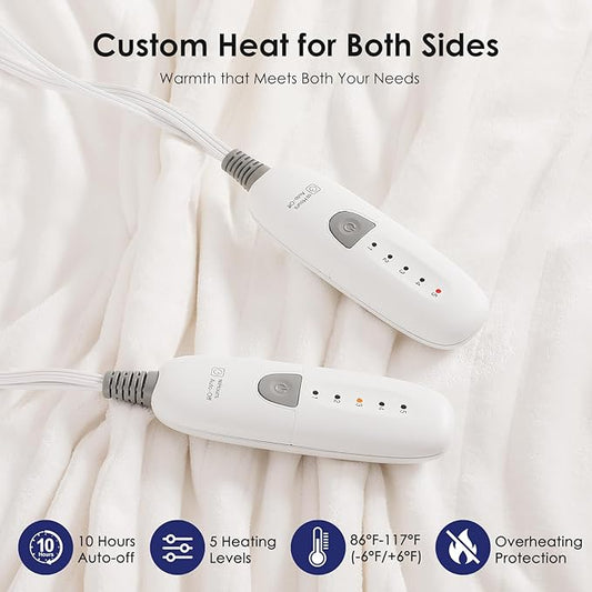 King Size Electric Blanket Dual Control Heated Blanket - Soft Silky Plush Electric Blanket with 5 Heating Level & 10 Hour Auto Off, ETL Certified & Machine Washable for Grandma Gifts(Cream White)