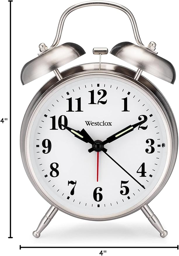 Westclox -Big Ben Twin Bell Alarm Clock | Loud Alarm Clock for Heavy Sleepers | Battery Operated Metal Clock with Backlight for Bedside Table, Bedroom, Kids Room, Desk (Silver, 4")