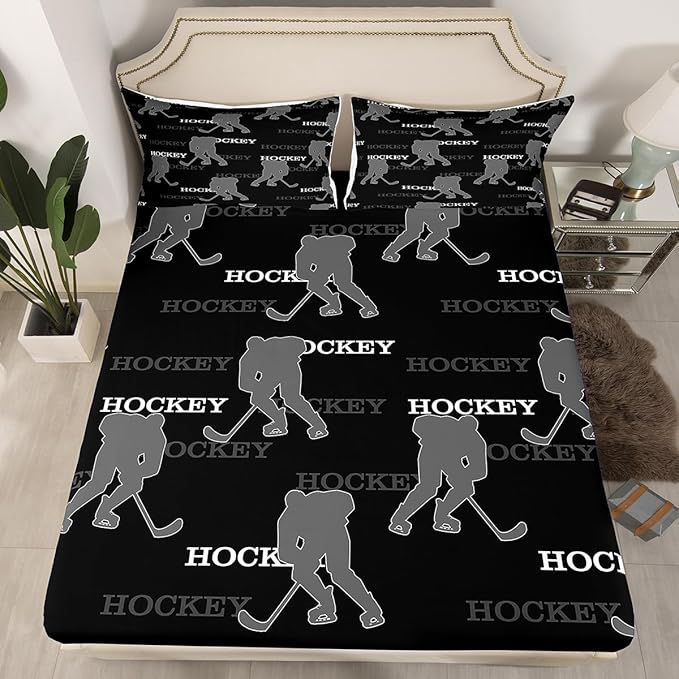 Manfei Ice Hockey Kids Sheet Twin Size, Bedding Set, Winter Sports Modern Boys Girls Room Decor, Black Gray Sheet(Fitted+Flat+1 Pillowcase)