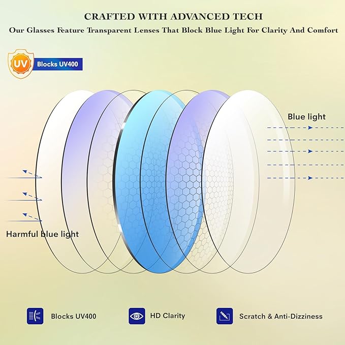 Blue Light Glasses for Woman Men | 99% Blue Light Blocking Glasses for Computer Gaming TV Phone Screen Square Frame | Anti Eyestrain & UV Glare Protection - 6 Pair
