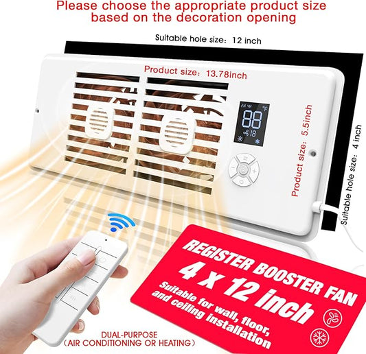Register Booster Fan Fits 4" x 12" Register Holes, 10-Speed Smart Thermostat AC Vent Fan with Timer Setting and Aroma Function, Air Vents Fans & Heating for Wal