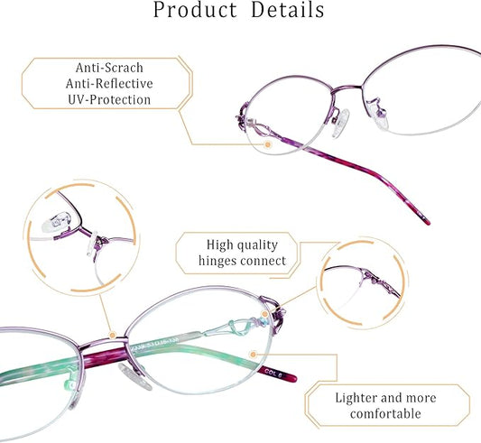 LifeArt Alloy Semi-Rimless Reading Glasses,Blue Light Blocking Glasses, Anti Eyestrain, Computer Gaming Glasses, TV Glasses for Women Men, Anti Glare (Purple, +3.50 Magnification)