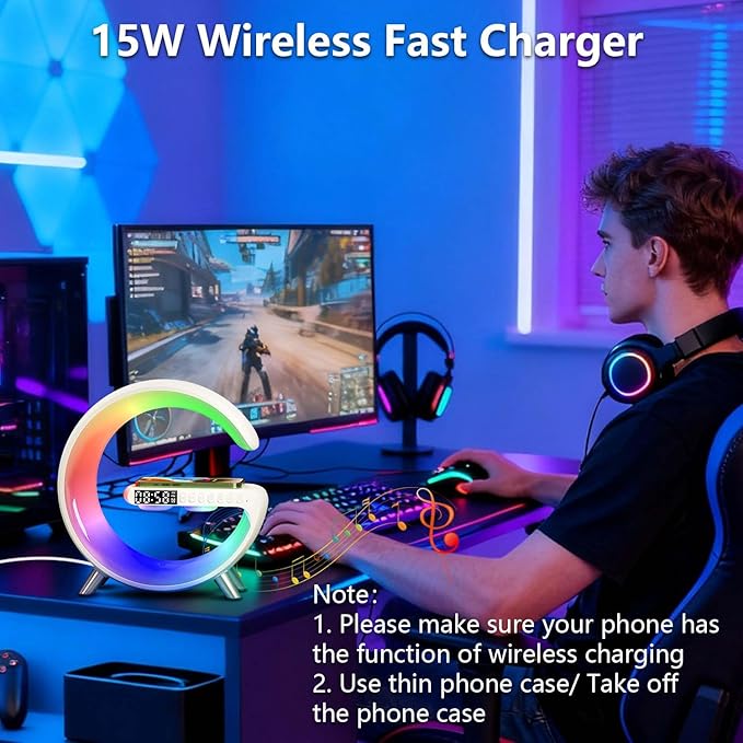2026 New Wireless Speaker Charger, Smart Alarm Clock LED Table Lamp Bluetooth Speaker Atmosphere Bedside Light with Wireless Charging Station,Alarm Clock Music Lit Lamp Christmas Gift