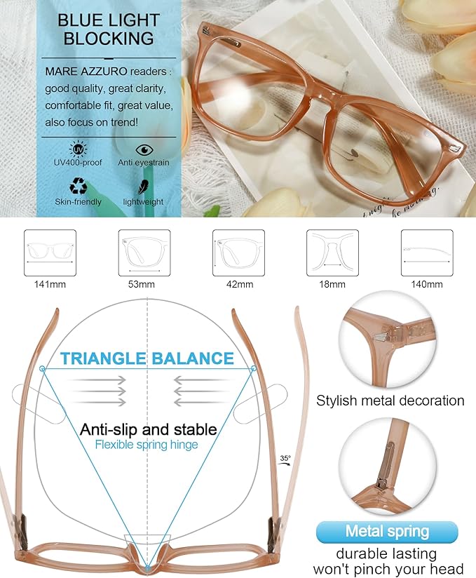 MARE AZZURO Blue Light Blocking Reading Glasses Women Computer Readers 1.00 1.25 1.50 1.75 2.00 2.25 2.50 2.75 3.00 3.50 4.00 5.00 6.00 (Coffee, 100)