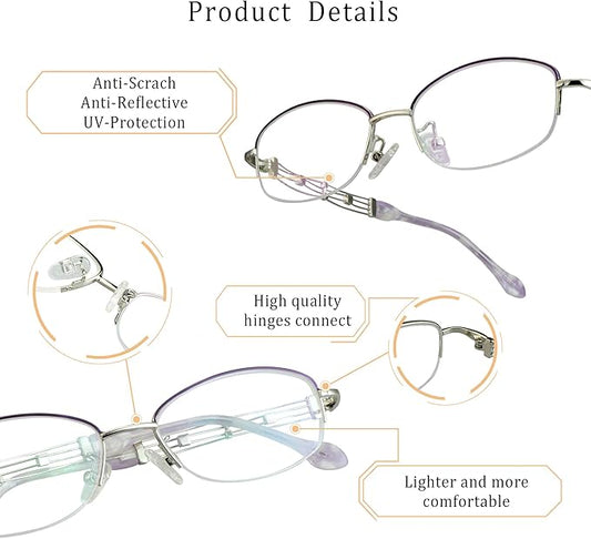 LifeArt Alloy Semi-Rimless Reading Glasses,Blue Light Blocking Glasses, Anti Eyestrain, Computer Gaming Glasses, TV Glasses for Women Men, Anti Glare (Purple, +2.50 Magnification)