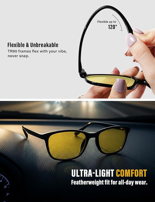 TIJN Night Driving Glasses, Anti-Glare Night Vision Glasses for Driving Women Men, UV Protection, Ultra-Light TR90, Yellow Lens, 2 Pack