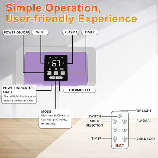 HEATIT Space Heater with Remote for Indoor, Digital Display with Thermostat,Containing Plasma & Ozone, 1-12H Timer,1500W/750W, Electric Space Heater for Office, Bedroom,Violet,10.6"Dx7.0"W x 11.8"H