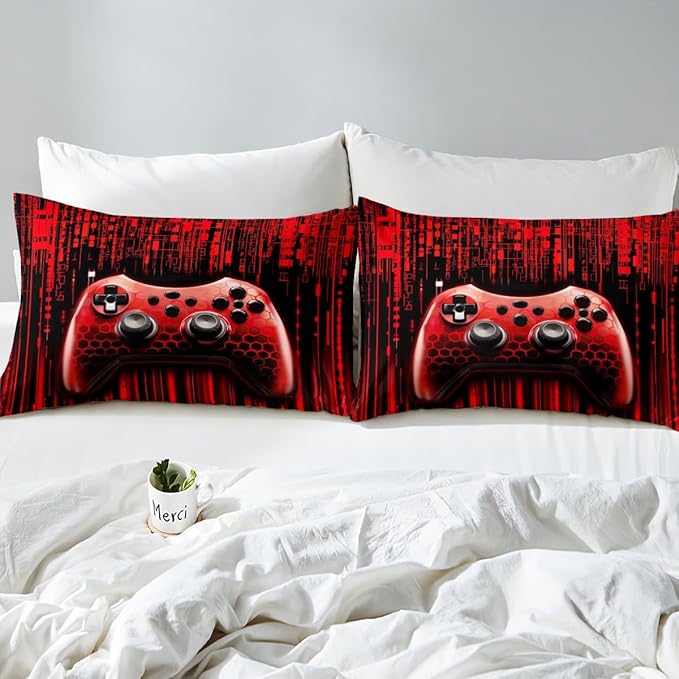 Manfei Gaming Gamepad Kids Sheet King Size,Neon Light Geometric Honeycomb Hexagon Bedding Set,Boys Girls Room Decor,Modern Videogames Controller Red Bed Sheet Set 4pcs(Fitted + Flat + 2 Pillowcases)