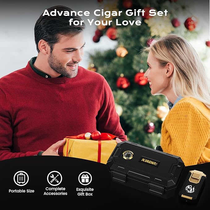 Travel Cigar Humidor Box set with Cigar Ashtray, Cigar Torch Lighter, Built-in V Cutter & Punch & Holder & Draw Enhancer Tool, Humidifier & Hygrometer, Portable Travel Cigar Case, Cigar Gifts for Men