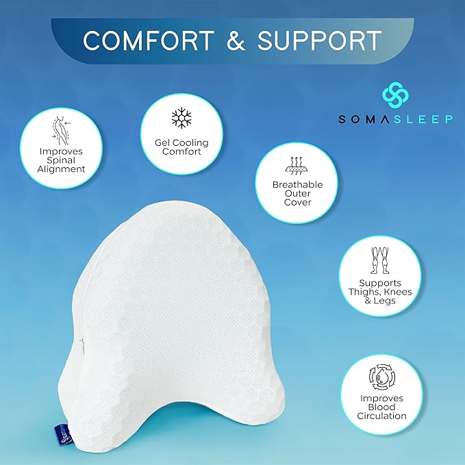 SelectSoma Knee Pillow for Side Sleepers with Cooling Memory Foam Gel Cover - Leg Cushion for Pain Relief in Sciatica, Back, Hips, Knees, and Joints - Body Positioner for Maternity, Rest, and Sleep
