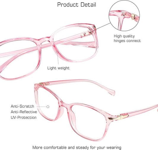 VisionGlobal Blue Light Blocking Glasses for Women, Anti Eyestrain, Computer Reading, TV Glasses, Stylish Square Frame, Anti Glare(Clear Pink,+5.75 Magnification)