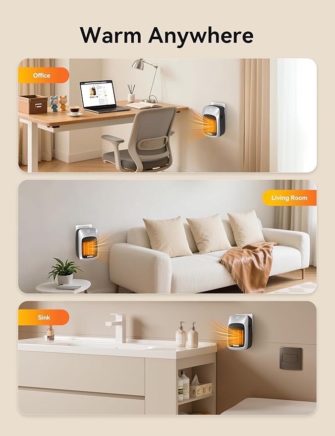 Brightown Plug In Space Heater for Indoor Use, 800W Small Wall Outlet Heater with Remote and Thermostat, LED Display, 12H Timer, Overheat Protection for Bathroom Bedroom Office Home