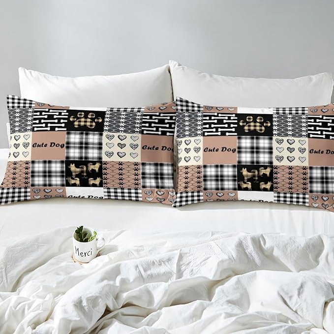 Cute Dog Fitted Bottom Sheet Queen Size,Cartoon Puppy Paw Print Sheet Set Soft Polyester Bedding(No Top Sheet),Splicing Geometric Cute Dog Animal Bed Cover(1 Fitted Sheet+2 Pillow Cases)