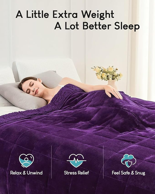 Cottonblue Weighted Blanket 15 lbs Queen Size, Flannel Shaggy Sherpa Weighted Blanket for Adults Comfortable Weighted Blankets for Calming and Relax, Bed Sofa Heavy Blankets, 60x80 inches, Purple