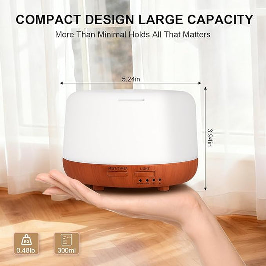 300ML Essential Oil Diffuser, Small Aromatherapy Diffuser with Remote, 7-Color LED Light, 4 Timer Settings, Safe Auto-Off, for Bedroom, Desk, Home Office