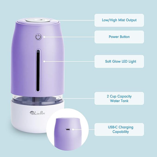 LivePure Cool Mist Humidifiers for Bedroom. Small Humidifier for Babies, Nursery, Plants, Office. Ultrasonic Cool Mist Humidifier w/Quiet Operation, USB-C Rechargeable. Lavender