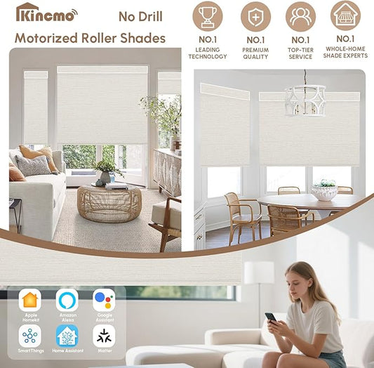 Kincmo No Drill Motorized Blinds with Remote, 100% Blackout Roller Shades for Windows, Custom Electric Blinds Compatible with Alexa, Apple Homekit, Google Home (100% Blackout Elegant Cream)
