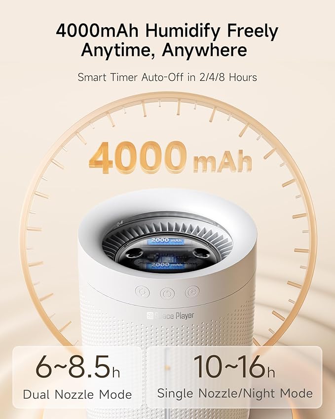 SP SpacePlayer Wireless Humidifier for Bedroom Large Room, 3L Top Fill Cool Mist Ultrasonic, 4000mAh Rechargeable (Cordless), 4 Modes, 23-28dB Quiet, 8H Timer Auto-Off, BPA-Free, Easy Fill Clean