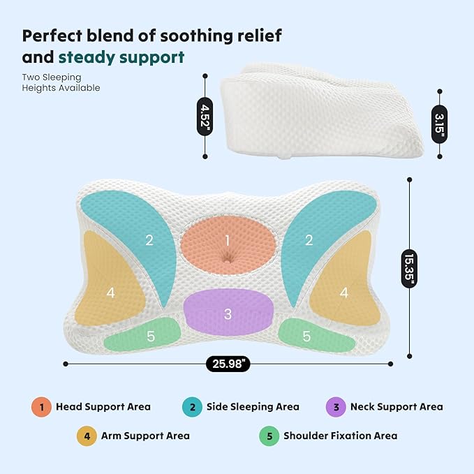 DUMOS Cervical Neck Pillow Set of 2, Memory Foam Contour Pillow with Arm Rest Slot and Soft Breathable Pillowcase, Ergonomic Dual-Height Orthopedic Support for Side, Back, and Stomach Sleepers, White