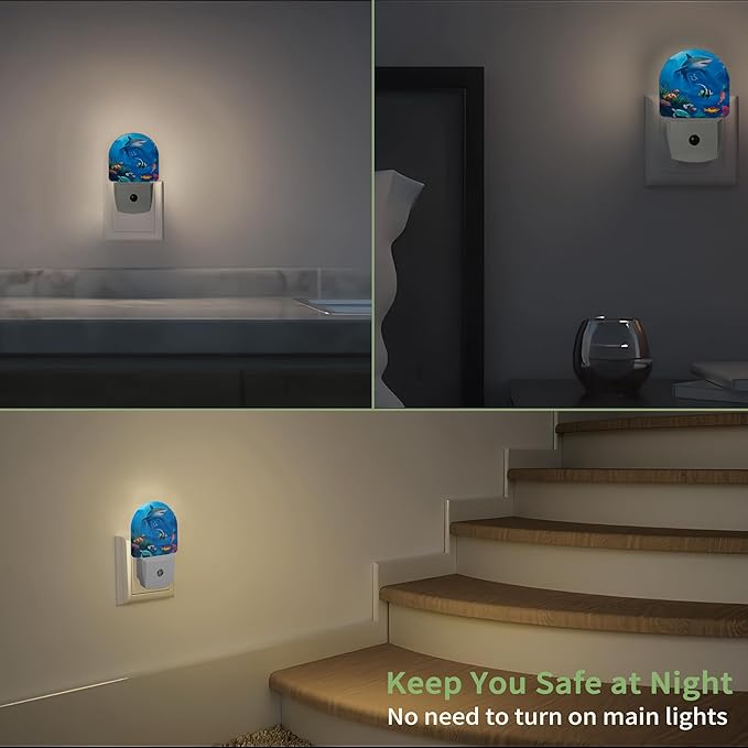 Summer Shark Night Light,Turtle Fish Nightlight Plug into Wall with Dusk to Dawn Sensor, LED Lamp Energy Saving Lights for Men Women Boys Girls,Lamp for Bedroom Bathroom Hallway