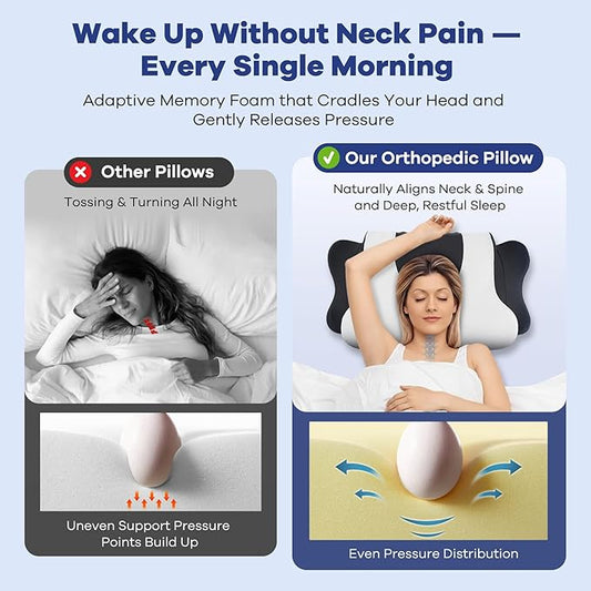 DONAMA Cervical Neck Pillow for Pain Relief, Orthopedic Contour Neck Pillow with Memory Foam Ergonomic Pillows with Dual Heights for Back, Stomach and Side Sleepers (Black, 26"×15")