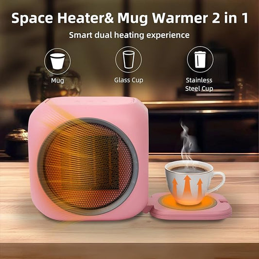 Space Heater with Mug Warmer, Electric Space Heaters for Indoor Use with Thermostatc, Candle Warmer Pate for Bedroom, Office, Large Room Use
