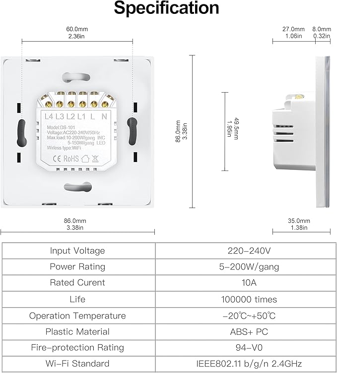 Tuya Smart WiFi Touch Light Switch EU No Neutral Wire Required Compatible with Voice Control White 1 Gang