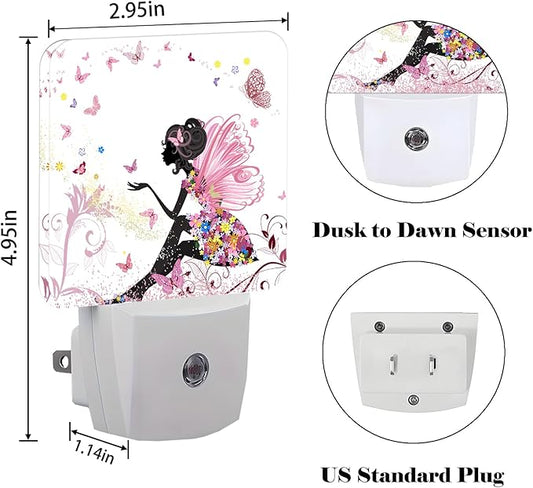 Pink Beautiful Women Butterfly Night Light,Plug Into Wall with Dusk to Dawn Light Sensors, Warm Nightlights for Bedroom, Bathroom, Hallway, Kitchen, Gifts Ideal for Boys Girls Women Men