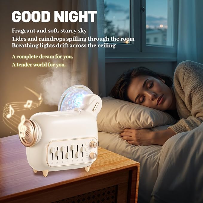 Dreamweaver Portable Sleep Sound Therapy, 7 Natural Sounds Style DIY Mixer White Noise Machine with Humidifier,Essential Oil Diffuser Water Ripple Light Projector&Bluetooth Speaker