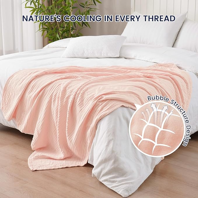 PHF Cooling Muslin Throw Blanket for Hot Sleepers, 60% Viscose from Bamboo, 40% Cotton and 4-Layer Breathable Gauze Blanket for Bed Couch, 50"x60", Pink Rose