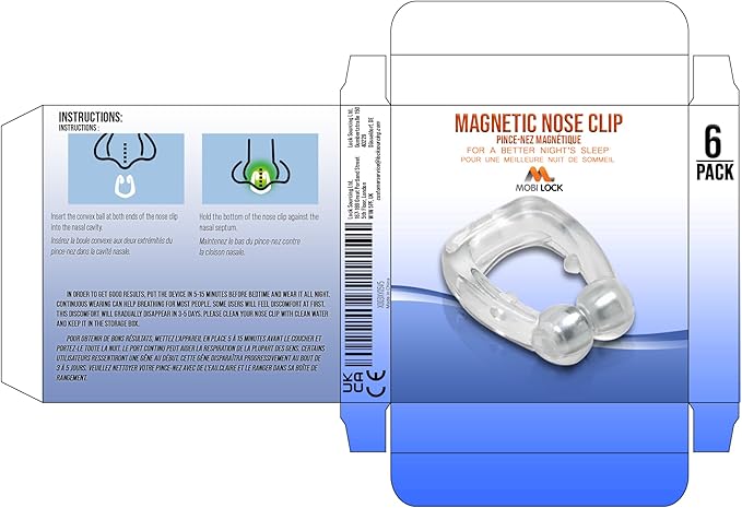 Pack of 6 Magnetic Anti-Snore Clips - Silicone Nose Clips - Reusable Snoring Solution for Nasal Snorers - Enjoy a More Peaceful Night's Sleep - by Mobi Lock