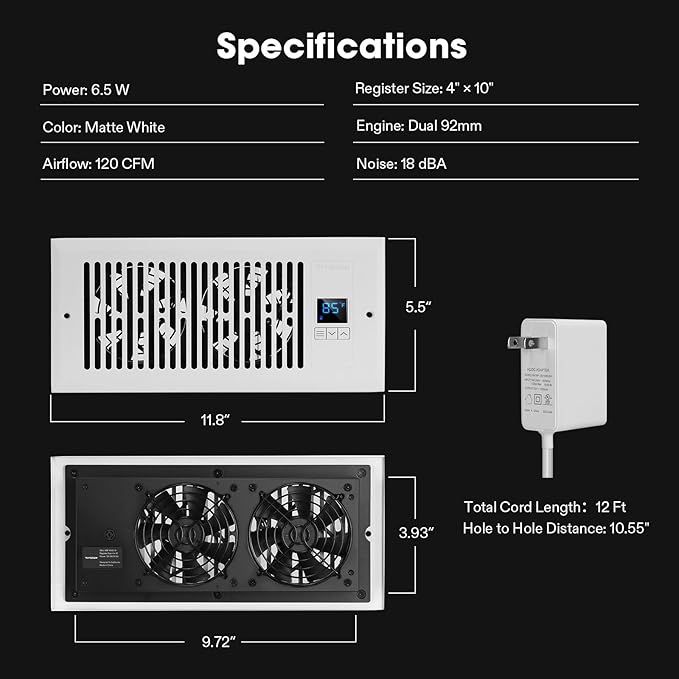 VIVOSUN Quiet Register Booster Fan for π" π±ππ" Holes, Cooling Heating Vent with Intelligent Thermostat Control, 10-Speeds Increase Airflow Booster Fan for Bedroom & Attic, Matte White