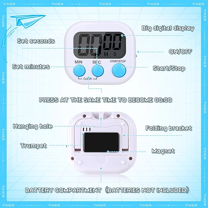 Mwellewm 12Pcs Digital Timers for Classroom Kitchen Timers for Cooking Small Magnetic Stopwatch Mini Countdown Timer Loud Alarm Stop for Study Work Baking Sports Games Office Timer Clock (White)