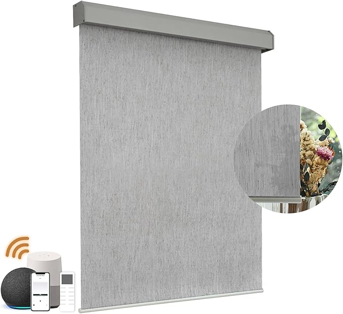 Motorized Light Filtering Roller Shades with Remote Control, Electric Smart Shades Compatible with Alexa and Google, Rechargeable, Customizable Size (Flax Gray)