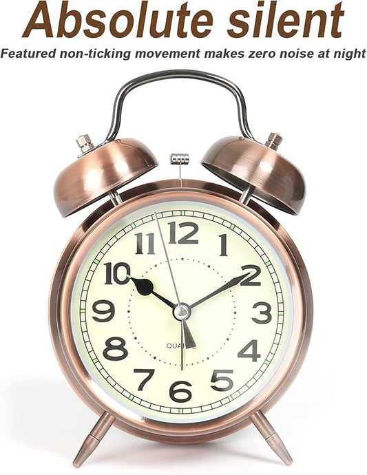 AYRELY® Super Loud Alarm Clock for Heavy Sleepers Adults,Twin Bell Retro 4 Inch Silent Non-Ticking Quartz with Backlight, Alarm Clocks for Bedrooms,Bedside,Study Room (Copper)