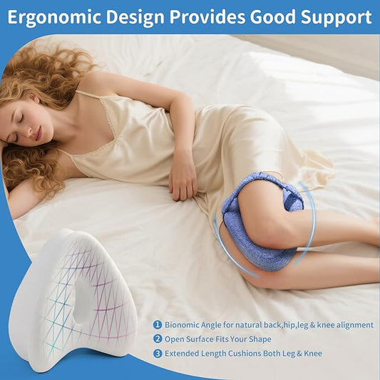Knee Pillow for Side Sleepers, Leg Pillow with Elastic Strap, Smooth Spine Pillow for Side Sleeping, Thigh Pillows with Removable and Washable Cover, Light Blue