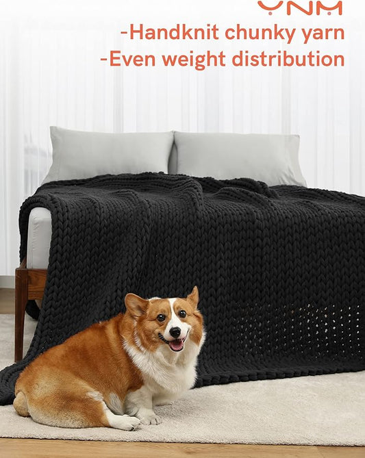 YnM 100% Cotton Weighted Blanket, Handmade Chunky Knitted Throw, No fillers Design, Soft and Breathable, Machine Washable Bed Blanket for Sleep or Home Decor (Dark Grey, 43x50 Inch, 10lbs)