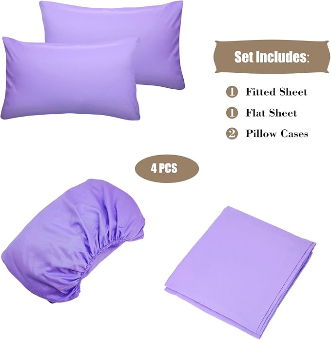 4 Piece Bed Sheet Set (Queen,Lavender) 1 Flat Sheet,1 Fitted Sheet and 2 Pillow Cases,Brushed Microfiber Luxury Bedding with Deep Pockets